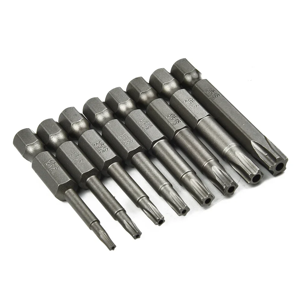 

8Pcs 50mm 5 Points Torx Drive Bit 1/4" 6.35mm Hex Shank Electric Screwdriver Bits Kit Power Tools With Center Hole Hand Tools