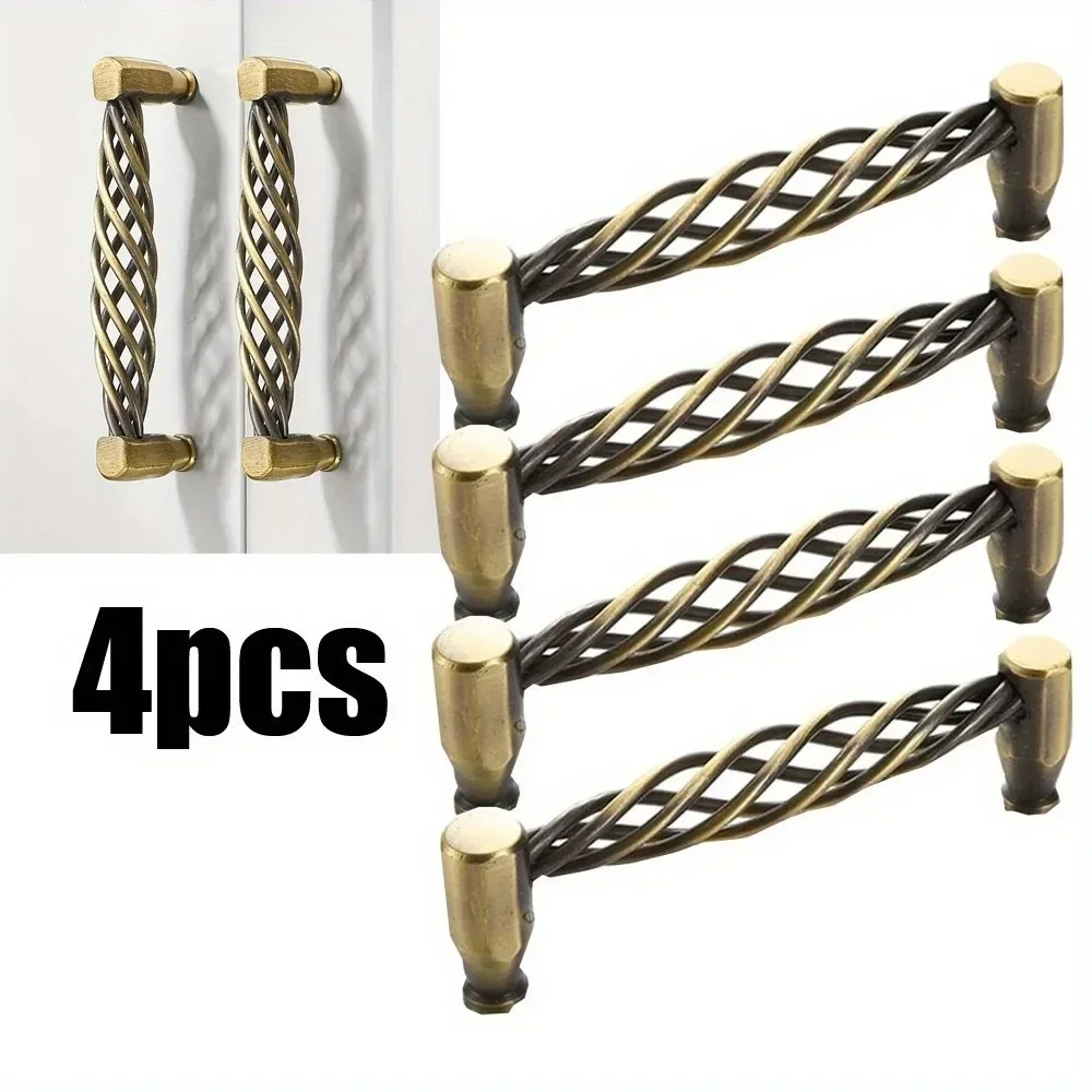 4Pcs Retro Birdcage Cabinet Pulls Matte Black Bronze Metal Oval Nest Twist Kitchen Cupboard Handles Vintage Brass Drawer