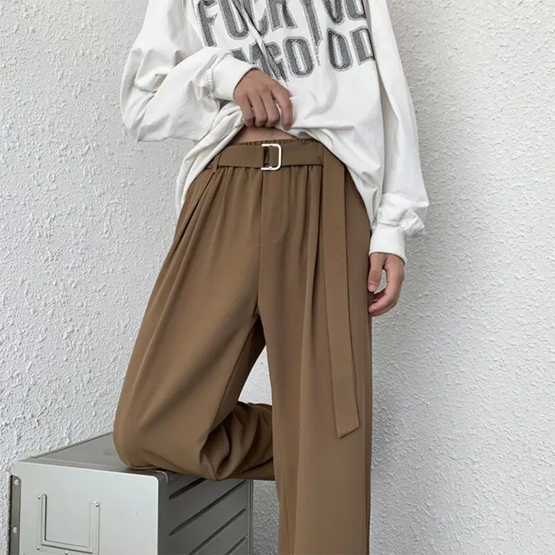 Braune koreanische Freizeithose mit weitem Bein und Gürtel für Herren, Streetwear, Oversize-Baggy-Hose, Harajuku, coole schwarze Arbeitskleidung, Anzughose – Detail 1