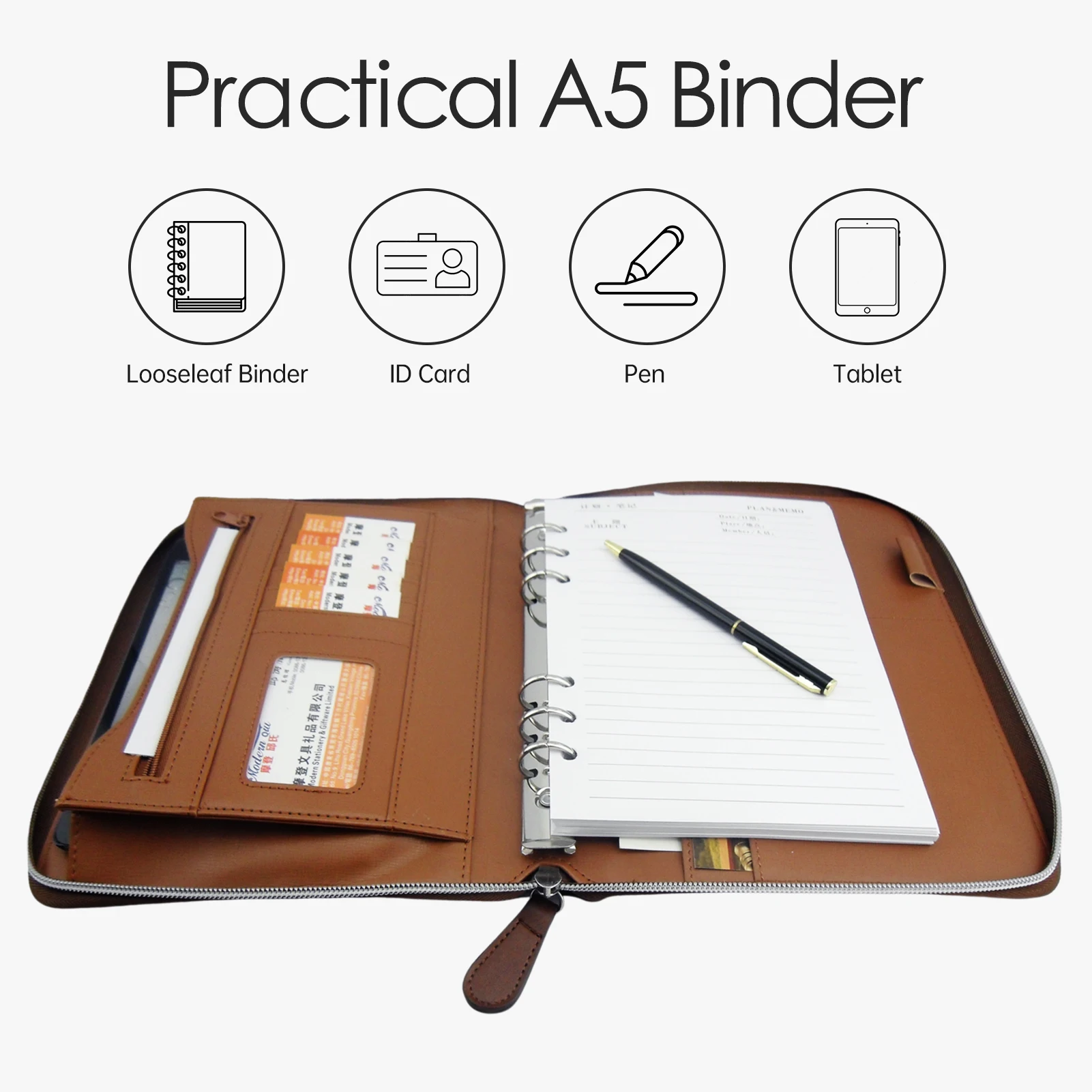 Bisofice Zippered Padfolio PU Leather Portfolio Organizer A5 Binder with 6-ring for Interview Resume Document Planner Agenda