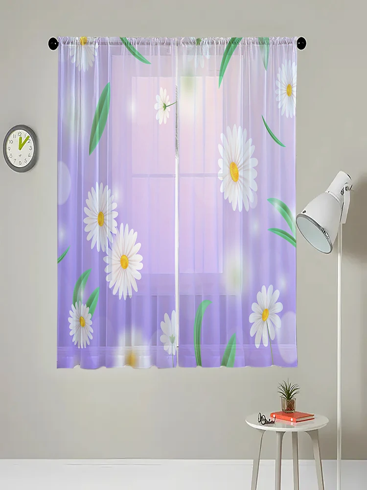 Rideau de gaze imprimé floral à fond violet, rideau transparent, décoration de maison, de bureau, de dortoir, de salon, de balcon et de fenêtre