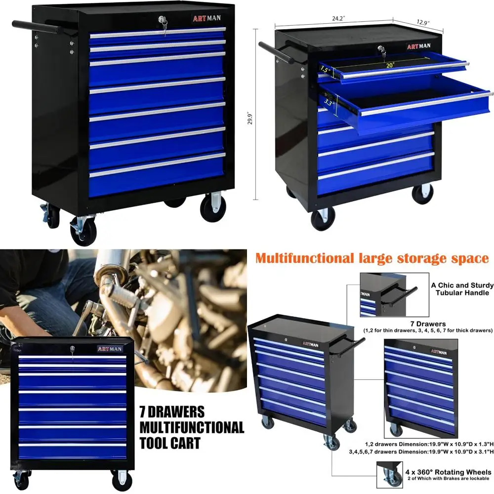 Cassettiera portautensili multifunzionale con 7 cassetti, organizer portatile su ruote, carrello portautensili resistente per officina e G