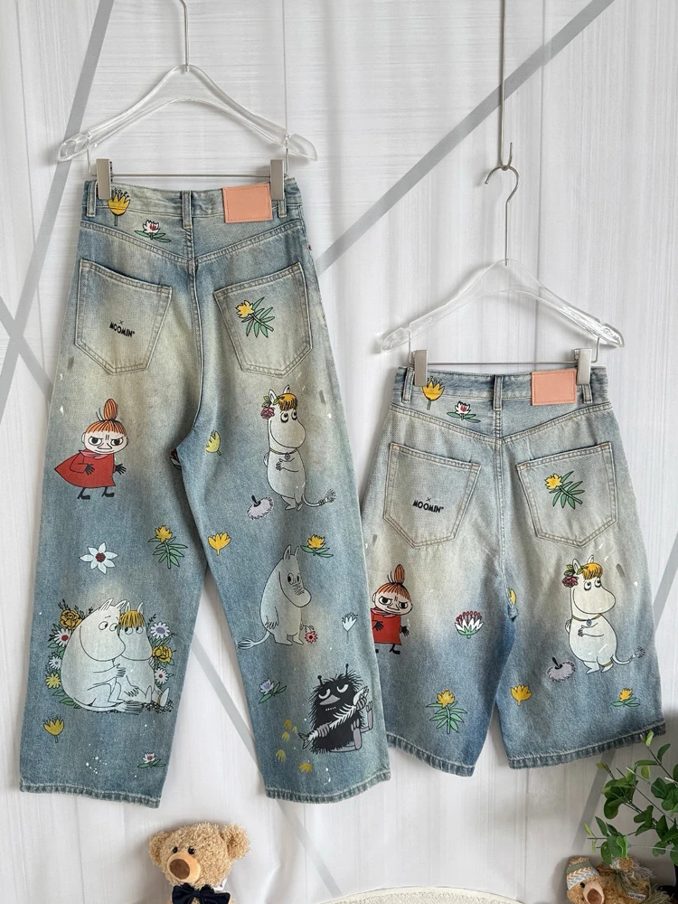 

Женские джинсы с высокой талией и широкими штанинами в американском стиле, повседневный дизайн, лето 2024, Новое поступление, универсальный мультфильм