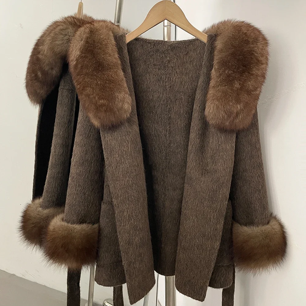 OFTBUY Winter Warmer Dicker Modischer Wollmantel Neuer Eleganter Taillierter Wollmantel für Damen mit Echtem Pelzkragen und Kapuze – Detail 27