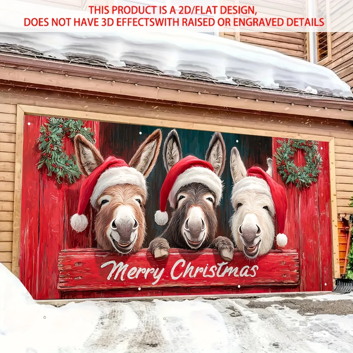 1 Stück großes und interessantes Weihnachts-Garagenbanner – drei Esel, die Weihnachtsmützen tragen, ein frohes Weihnachtsschild