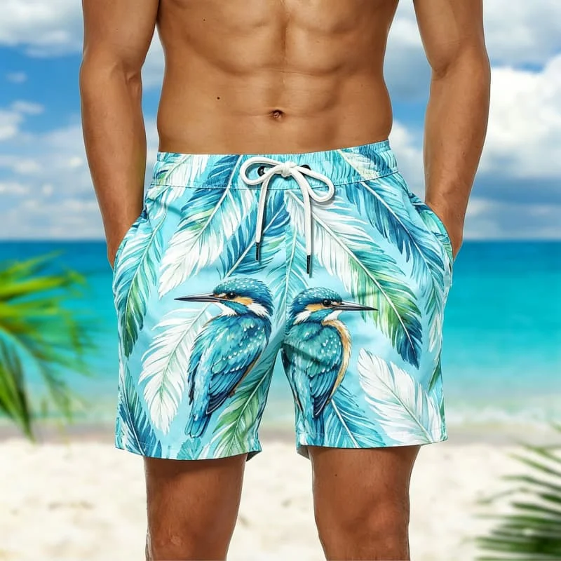 Men's Tropical Bird & Feather Print Casual Shorts， for Summer Getaways, Pool Trips, Casual Outings & Everyday Style