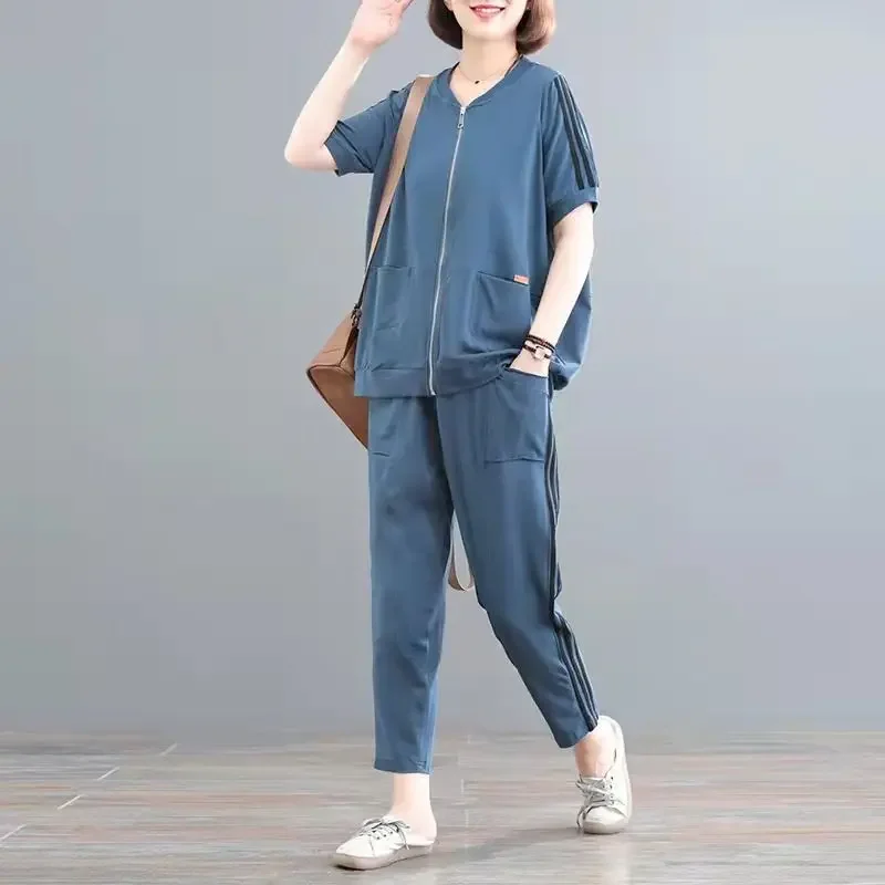 

Summer Short Sleeve Jacket Sets Women 2025 New Korean Large Size Retro Thin Cardigan Top Casual Pants Fashion Sports 2 Piece Set