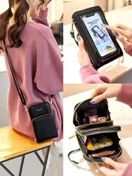 New Soft Leather Touch Screen Phone Bag Double Layer Solid Color Crossbody Shoulder Strap Handbag Large Capacity Coin Wallet