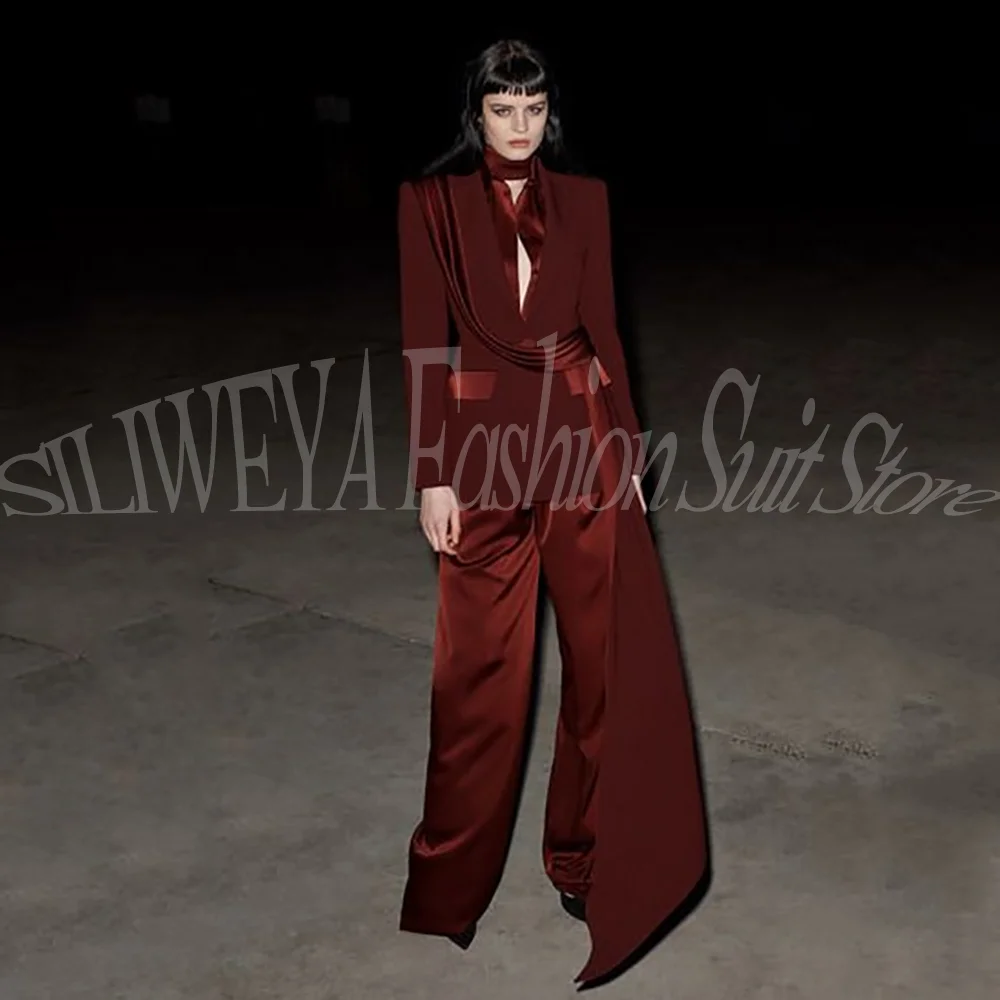 

Luxury Smart Casual Long Pants Sets For Women 2026 Spring Blazer Jacket Satin Wide Leg Trousers 2 Pieces Office Lady Chic Outfit