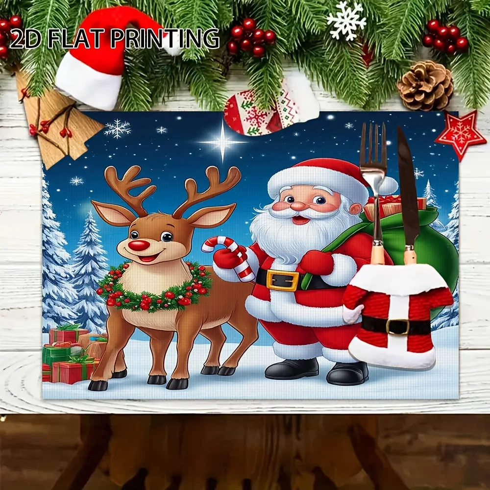 1PC Christmas Santa Reindeer Pattern Placemats Table Mats,Decorative Washable Table Placemats