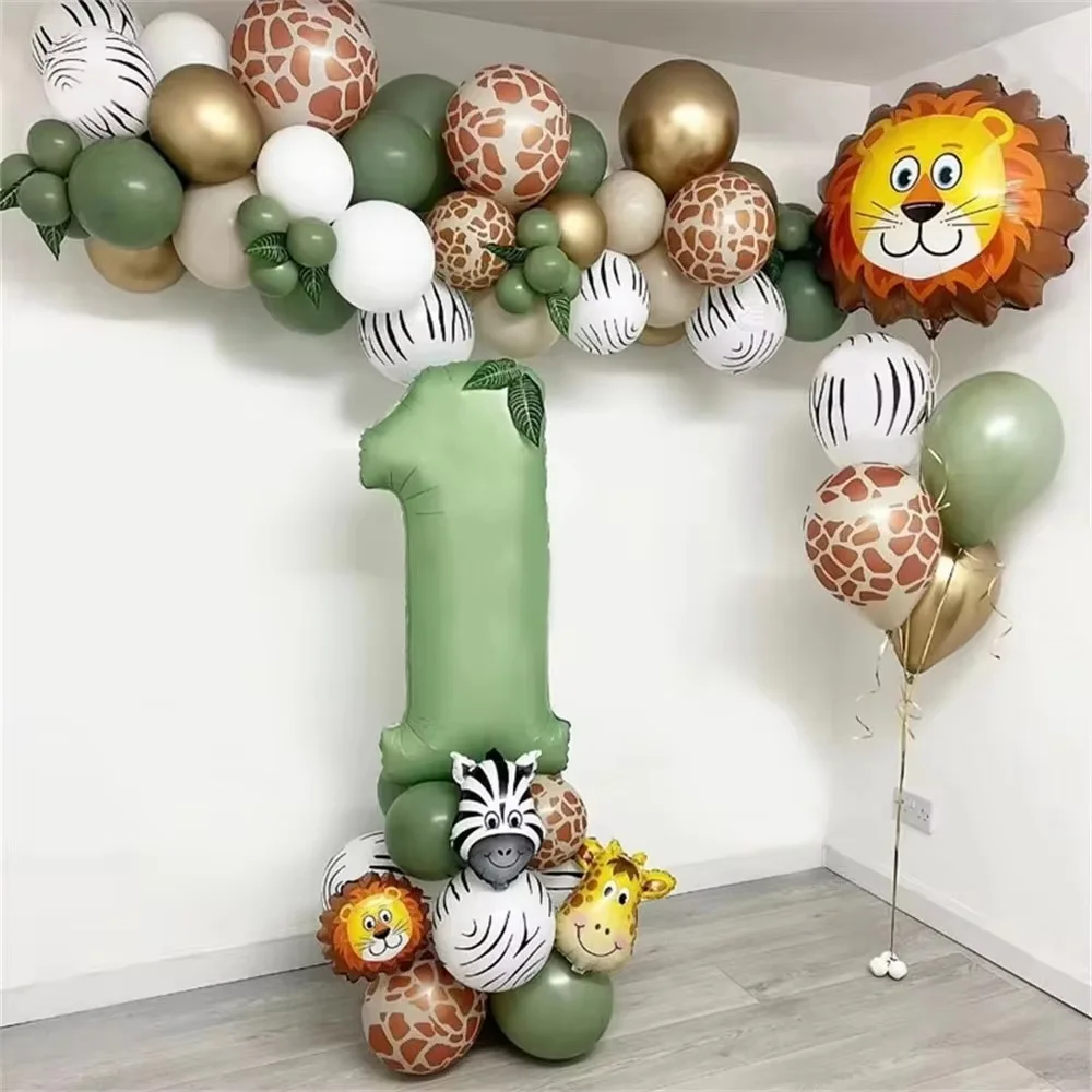 Balões de Aniversário de Animais da Selva, Balões de Número Verde Sálvia, Arco de Balões para Chá de Bebê, Decoração de Festa de Aniversário Wild One Safari