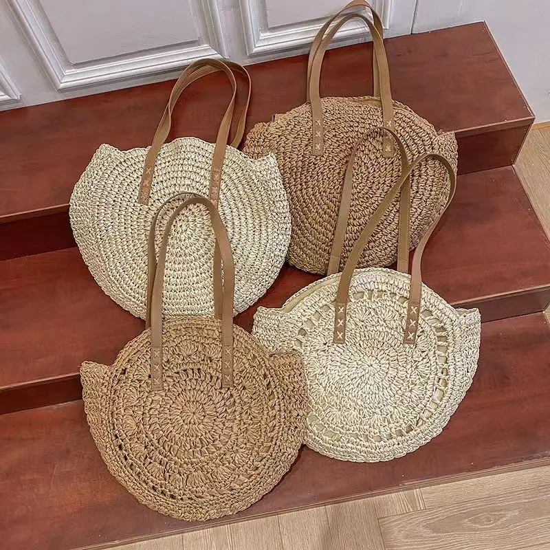 Sac de plage en raphia tissé à la main, sacoche ronde vintage en rotin, fourre-tout bohème décontracté pour vacances d\'été