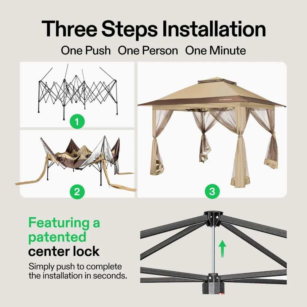 خيمة بمظلة منبثقة مقاس 13 × 13، مأوى مظلة سريع الإعداد مع شبكة ناموسية، قفل مركزي، حقيبة تخزين، شرفة خارجية فورية #3