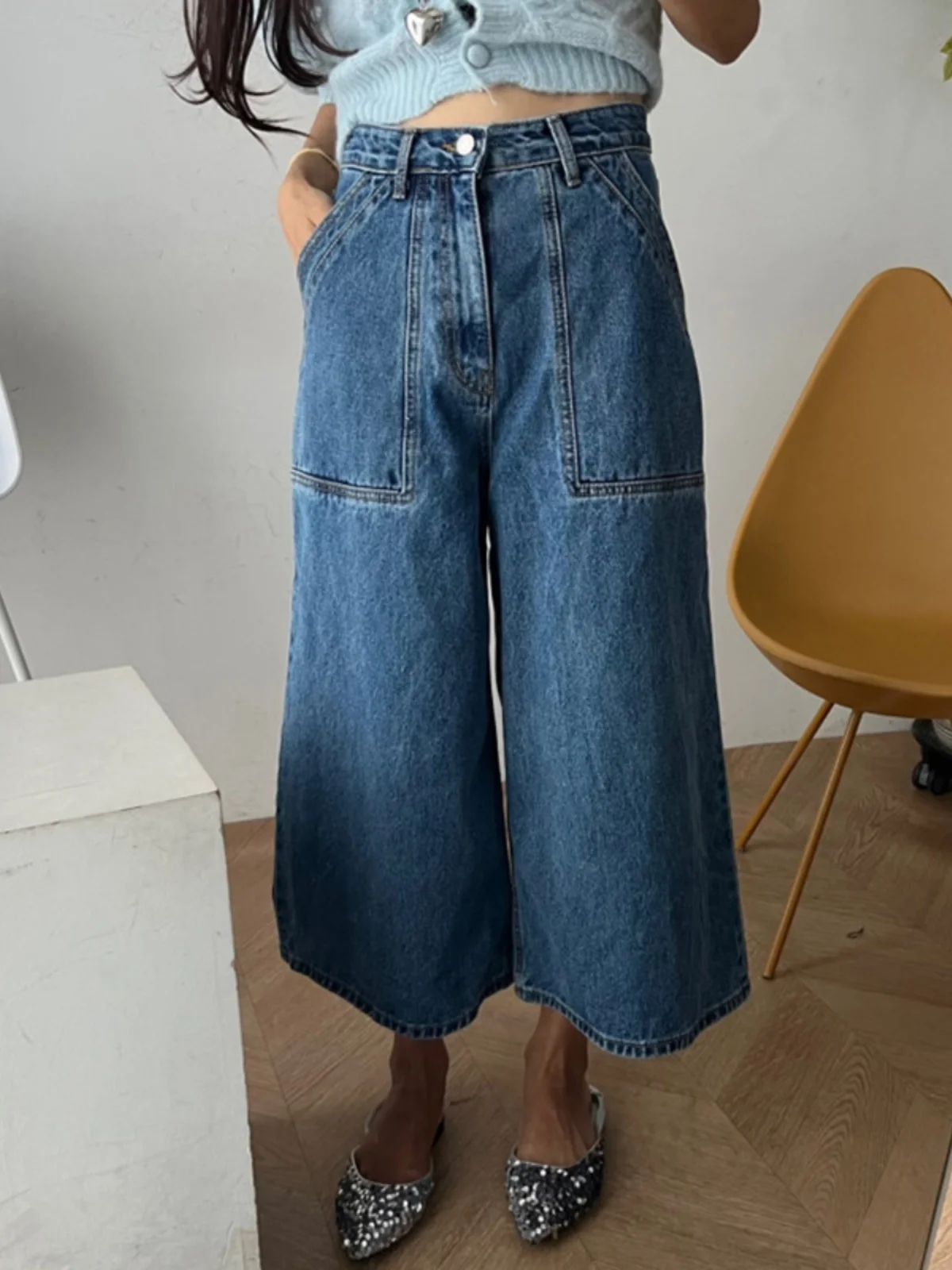 

Винтажные женские джинсы с высокой талией и широкими штанинами, осенние модные шикарные брюки с эффектом похудения, универсальные джинсовые брюки с большими карманами