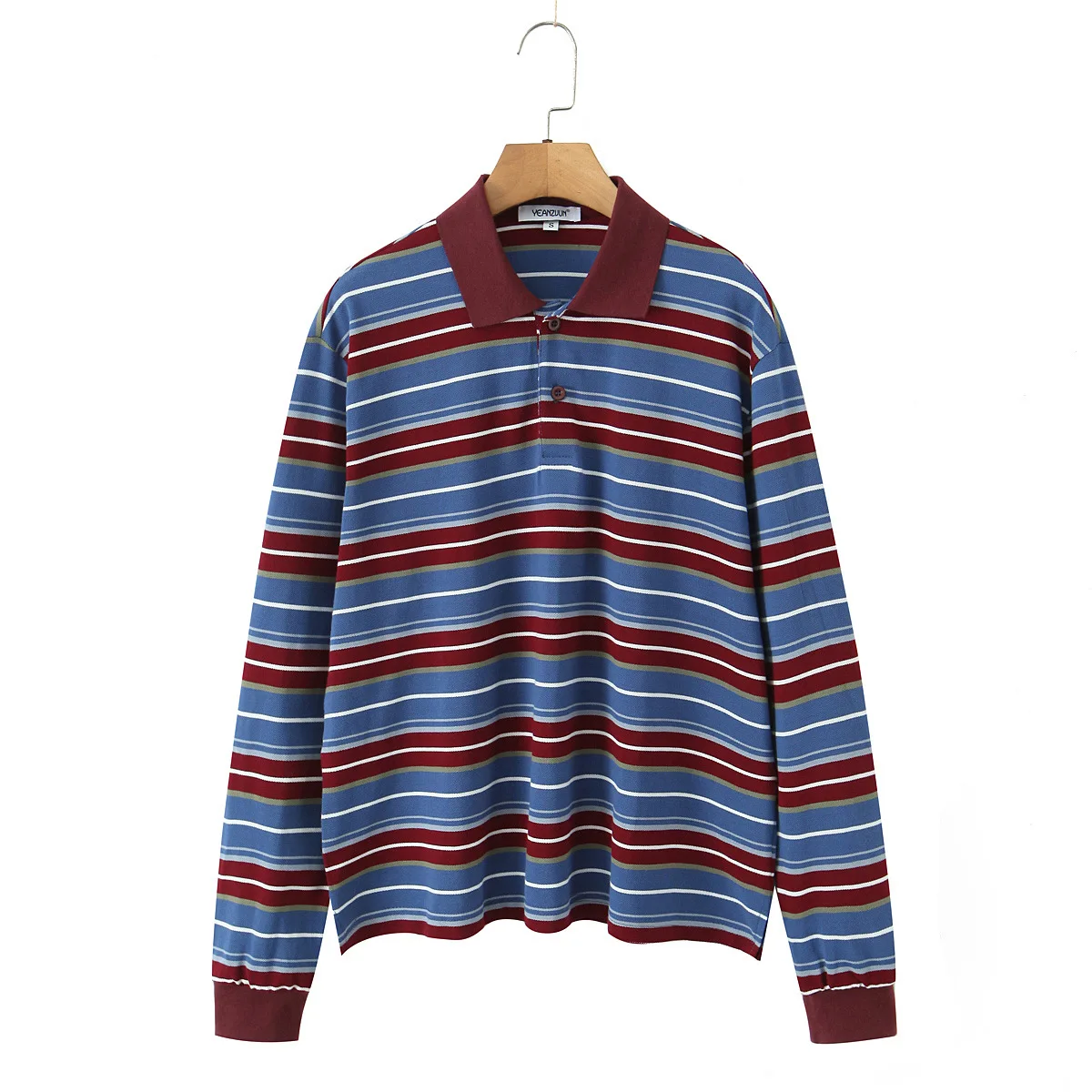 

Fall Korean Fashion Polo Shirts Woman Long Sleeve Crop Top Color Block Stripes Print Polo Shirts Women Mujer Casual Tops Striped