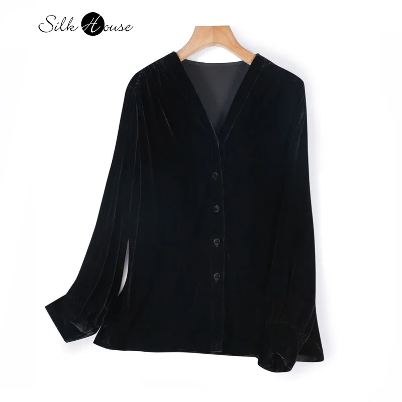 

Spring/Autumn New 30% Natural Mulberry Silk Velvet V-neck Long Sleeve Loose and Versatile Black Solid Color Single Breasted Top