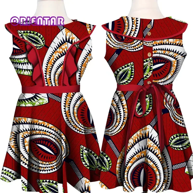 

Girls African Dress African Clothes African Print Bazin Riche Girls Dashiki Dress with Belt Ruffles Patchwork Kids Dress WYT411