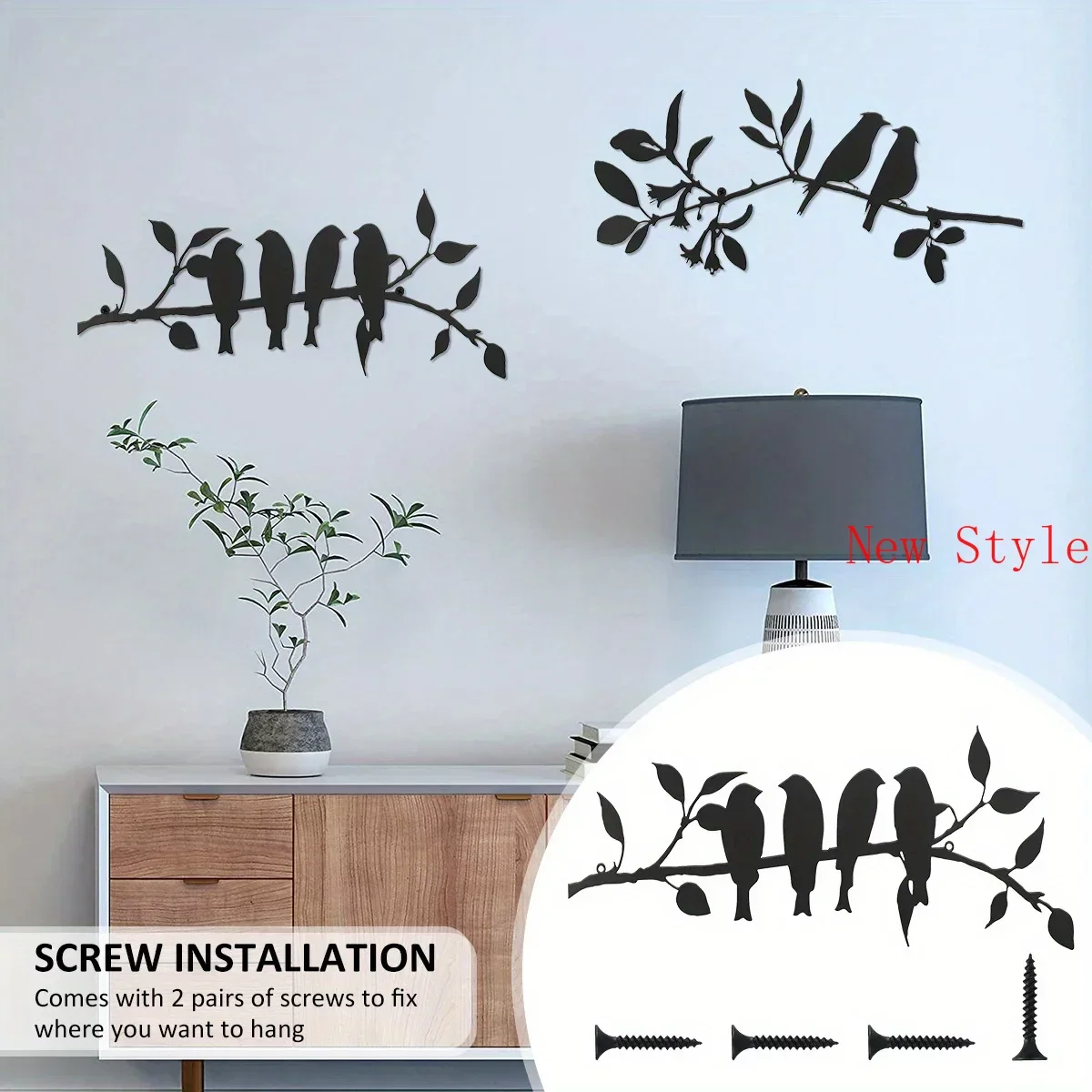 

2pcs Metal Birds Home Decoration Kit Wall Hanging Metal Birds Art Creative Birds on Branch Art Rustic Bird Wall Background Décor