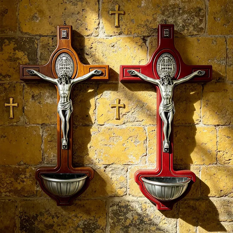 Luxury Byzantine Orthodox Wall Mounted Crucifix Holy Water Font Silver Plated Corpus Red Wood Basin Church Decor Religious Gift