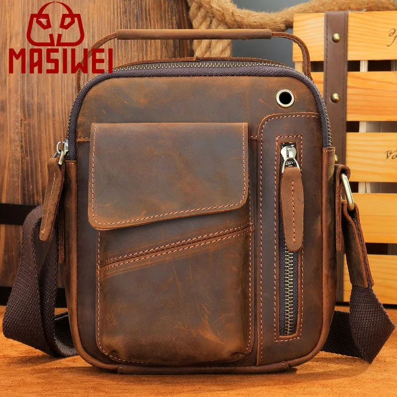 

Vintage Style Crazy Leather Men's Single Shoulder Bag Slant Crossbody Purse Top Layer Cowhide Fashionable Small Bag