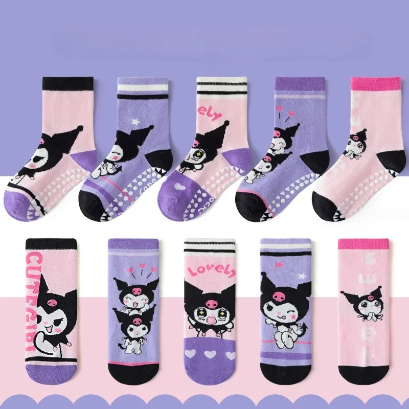 

5 Pairs Sanrio Kuromi Cotton Baby Anti-slip Mid-calf Socks For Boys Girls Floor Trampoline Kids Toddler Sock With Rubber Grips