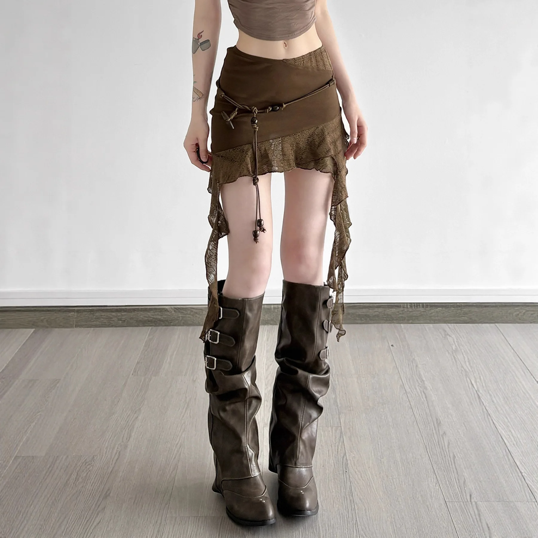 

Retro Sle Asymmetrical Lace Patchwork Low Waist Bodycon Skirt with Belt Cross-Border Unique Holiday Faion f Skirt