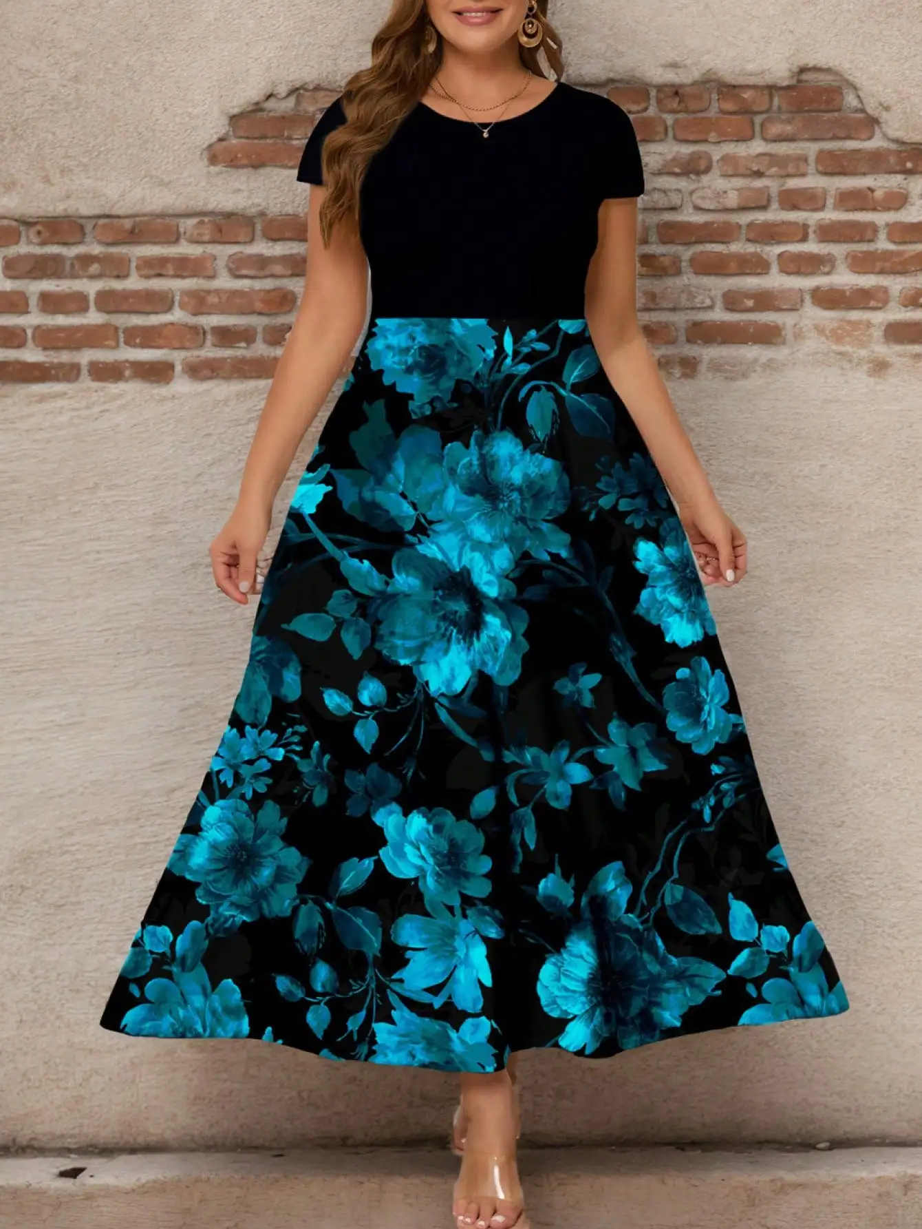 

Plus Size Summer Floral Print A-Line Dress with Solid Top, Beach Holiday Outfit