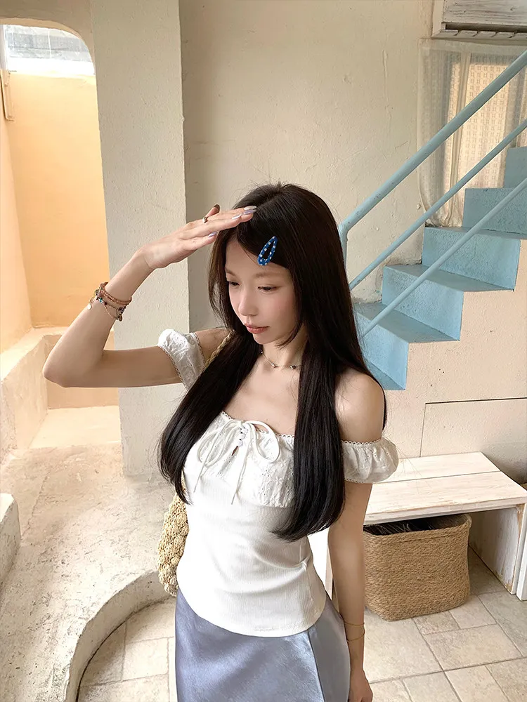 Green Lace-Up Square Neck T-Shirt Basic Summer Casual Bubble Short Sleeve Top Pullover Tshirts Outerwears Clothing Vintage Tees