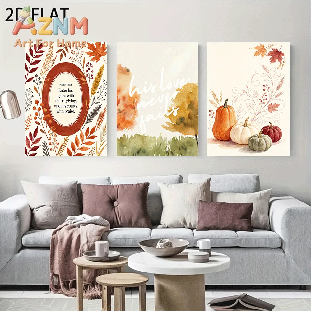 AZNM Frameless Canvas Wall Art, Autumn Bible Verse Print, Watercolor Pumpkin Maple Leaf Wheat Scripture Art Poster for Thanksgiv