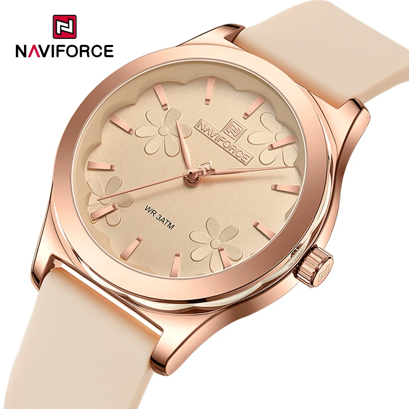 NAVIFORCE Ladies Watch with Elegant Flower Dial Fashionable Brand Waterproof Quartz Wristwatch for Women Soft Silicon Strap 5051