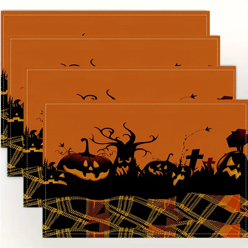 Set of 4 Spooky Gothic Table Placemats Suitable for Halloween Themed Dining Decor - Jack-o'-Lantern & Cemetery Pattern