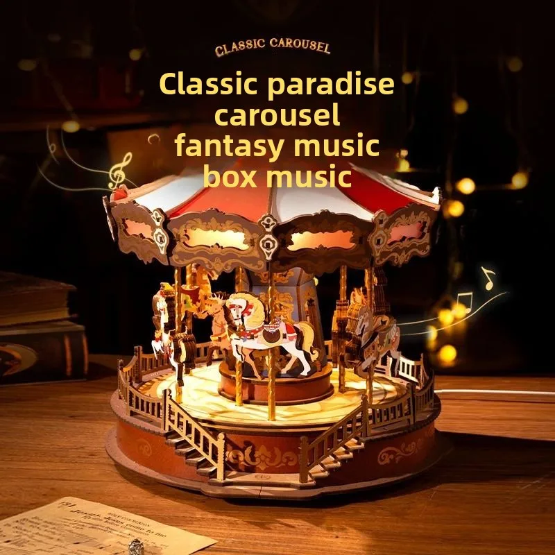

Genuine Original Carousel Music Box DIY Hut Assembly Model Building Block Puzzle Gifts Ornament