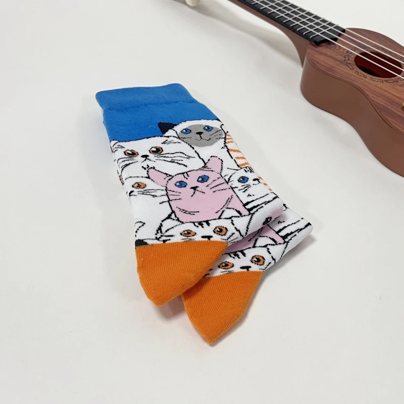 1 Pair Creative Cute Cartoon Cat Pattern Socks, Comfy Breathable Mid Tube Women Socks Perfect For All Seasons