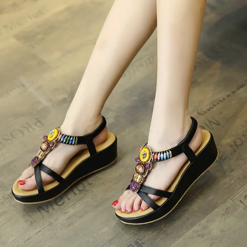 Summer Women 3cm Platform 5cm Wedges High Heels Sandals Bohemian Leisure Beach Sandles Lady Fashion Beach Outside Chunky Shoes