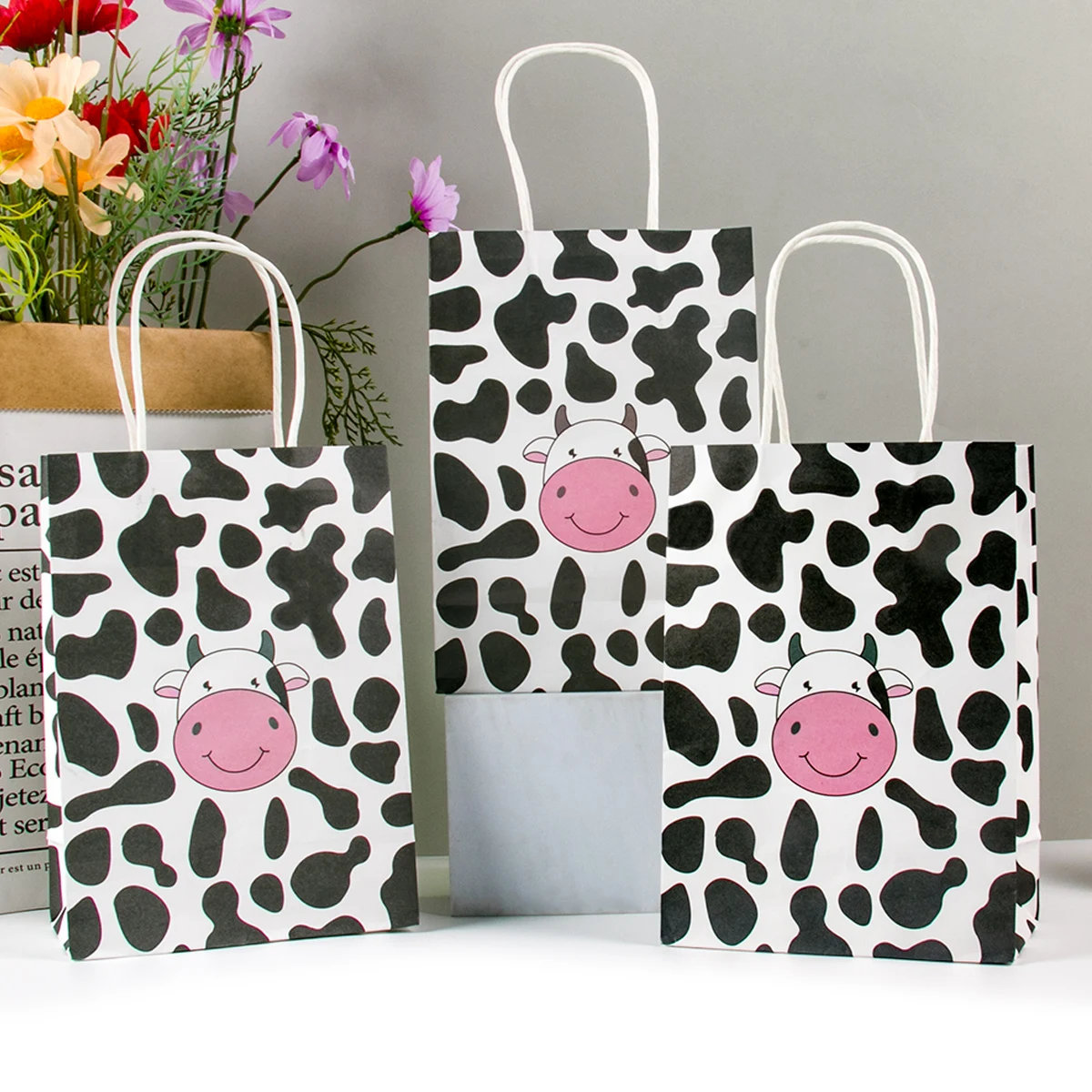 12Pcs Cow Print Party Favors Bags Cute Cow Goodies Paper Gift Bags with Handle Farm Animal Theme Kids Birthday Party Decorations