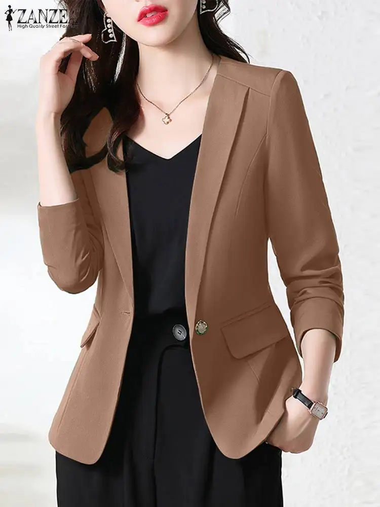 ZANZEA Women Elegant OL Jackets Autumn Lapel Neck Long Sleeve Blazer Suits Casual Slim Office Lady Outwear Solid Work Thin Coats