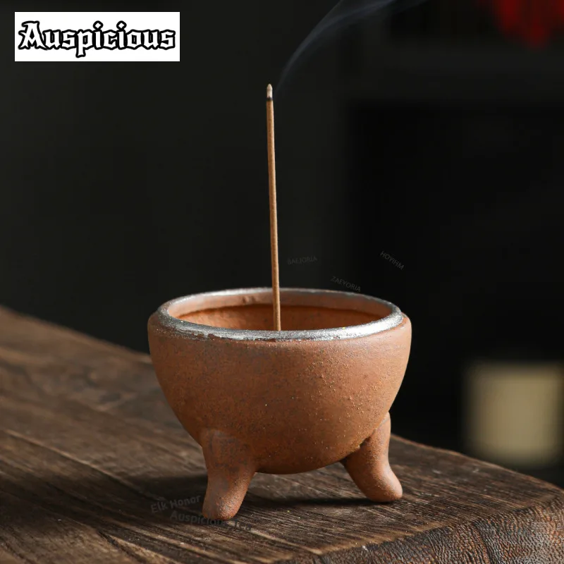 ZAEYORIA Vintage Crude Pottery Tripodia Incense Holder Mist Smoking Steamers Incense Burners Consecrate Censer Yoga Decoration