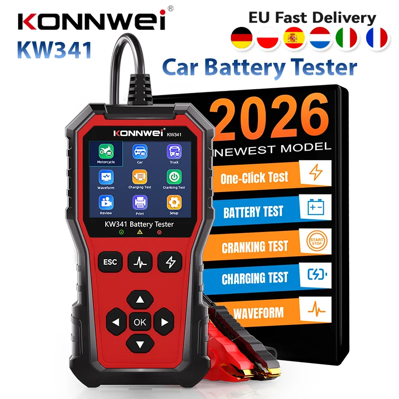 KONNWEI KW341 Autobatterietester 6V/12V/24V AMG GEL EFB LITHIUM Batterie SOH SOC-Ladezustand Fehlerdaten Druck Startspannungstest Scan-Tool Kostenloser Versand