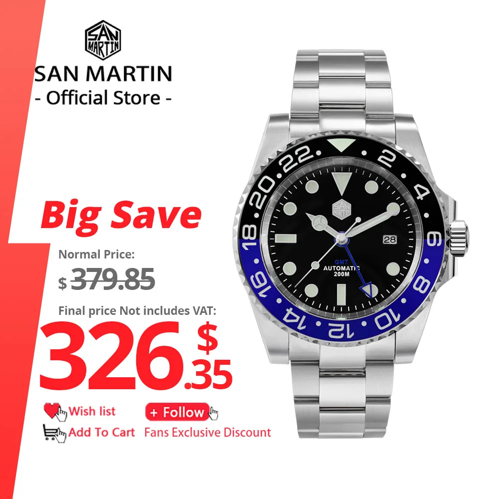 

San Martin Роскошные GMT Hangzhou 6460 Мужские автоматические механические часы Деловые спортивные водонепроницаемые 200 м с сапфировым стеклом полностью светящиеся SN0016
