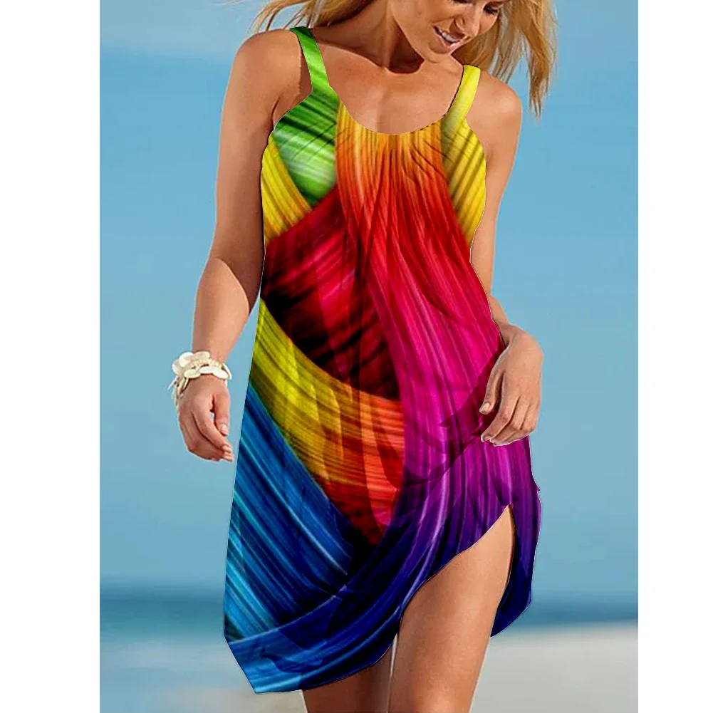 

Rainbow Printing Tie Dyeing Bohemian Sleeveless Dresses Elegant Hem Women's Fashion Holiday Sundress Summer Sexy Beachwear