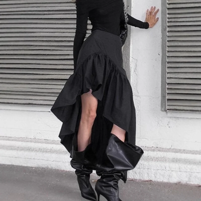 

Черная асимметричная юбка с рюшами для женщин, с завышенной талией, А-силуэт, модная повседневная юбка в стиле пэчворк, уличная одежда