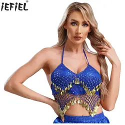 Women Dance Wear Nightclub Halter Bra Performance Top Show Costumes Sequin Mesh Plastic Beads Crisp Tassel Belly Dance Bra