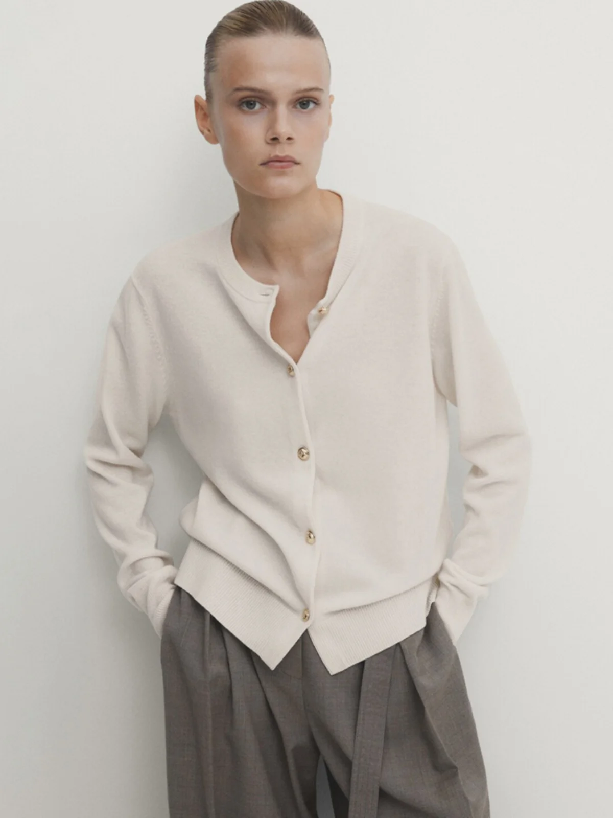 

Ladies Wool Blend Knitted Sweater Button round Ne Open Front ort Coat MD Women's Faion Ele Sle Pure Color Spring ...