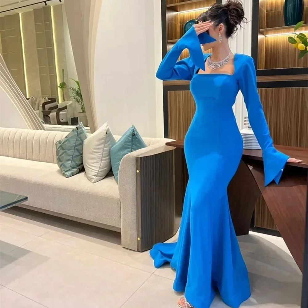 

Prom Dresses for Women Fashion Square Collar Long Flare Sleeves Mermaid Evening Gowns Chic Floor Length Draped Party Dresses
