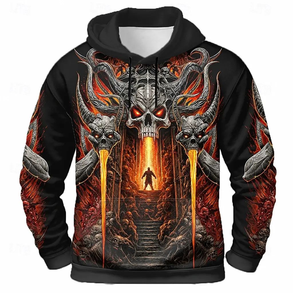 Men Hoodie Hell Gate Flame Demon Skull 3D Print Pullover Long Sleeve Hooded Sweatshirt