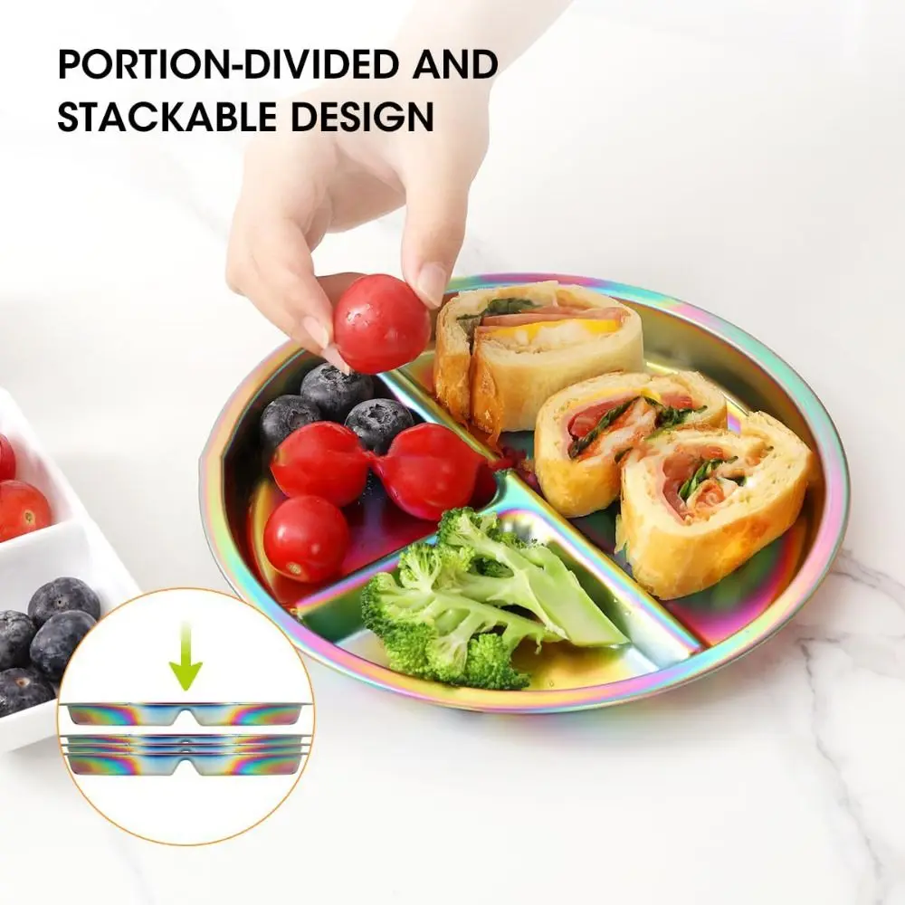

Dazzling Portion Control Plate Reusable 304 Stainless Steel Divided Dinner Plates Colorful Balanced Diet 3 Grids Dishes Camping