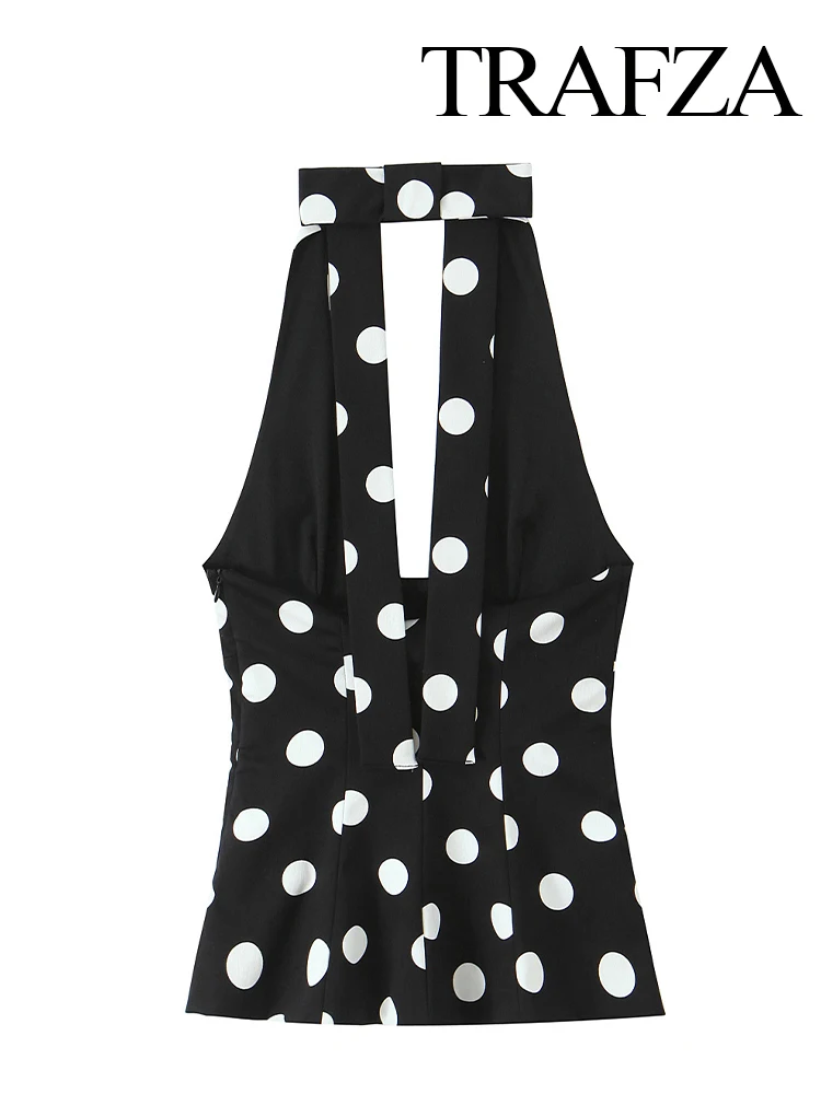 HH 2025 Woman Elegant Black Polka Dot Backless Bow Design Neck Halter Vest Tops Women Summer Sexy Sleeveless Backless Tops