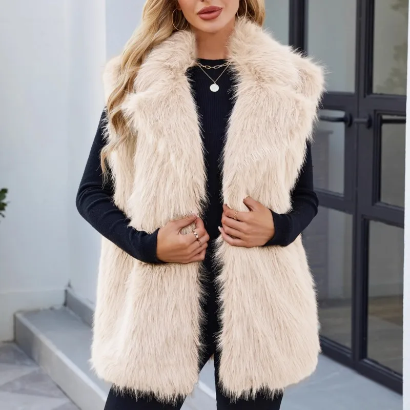 2025 الشتاء رشاقته الدفء بلون صدرية جاكيتات إطالة الفراء رقيق معاطف طويلة ملابس خارجية الرجعية المرأة فو الفراء سترة #4
