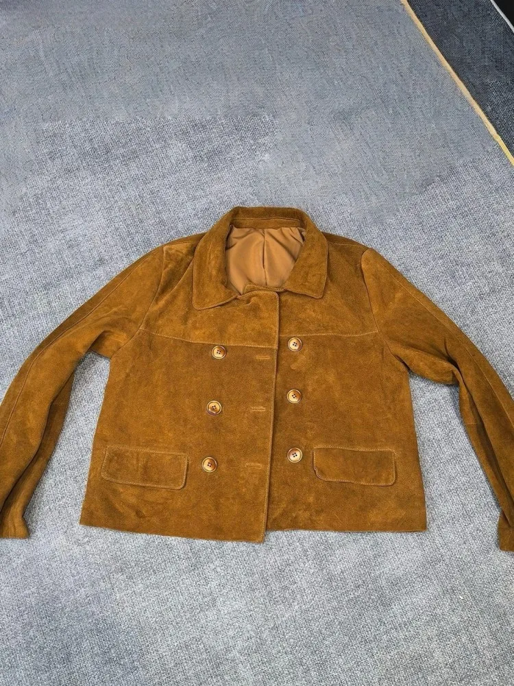 Autumn Women Suede Sheepskin Jacket Double Breasted Vintage Square Collar Design Genuine Leather Short Coat Long Sleeve Outwear