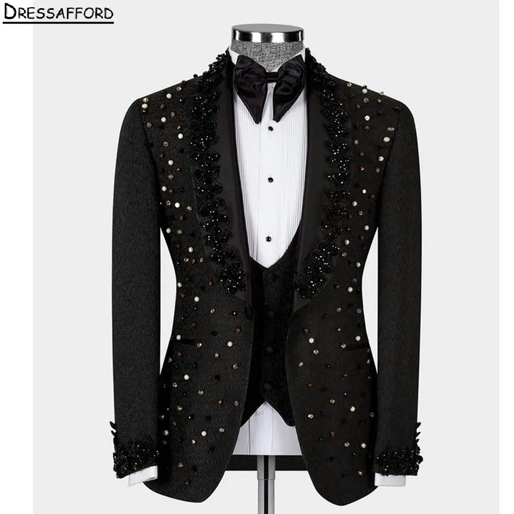 Black Jacquard Pearls Beading Men Suits For Wedding Groom Tuxedos 2 Pieces Jacket Pants Prom Blazers Customized